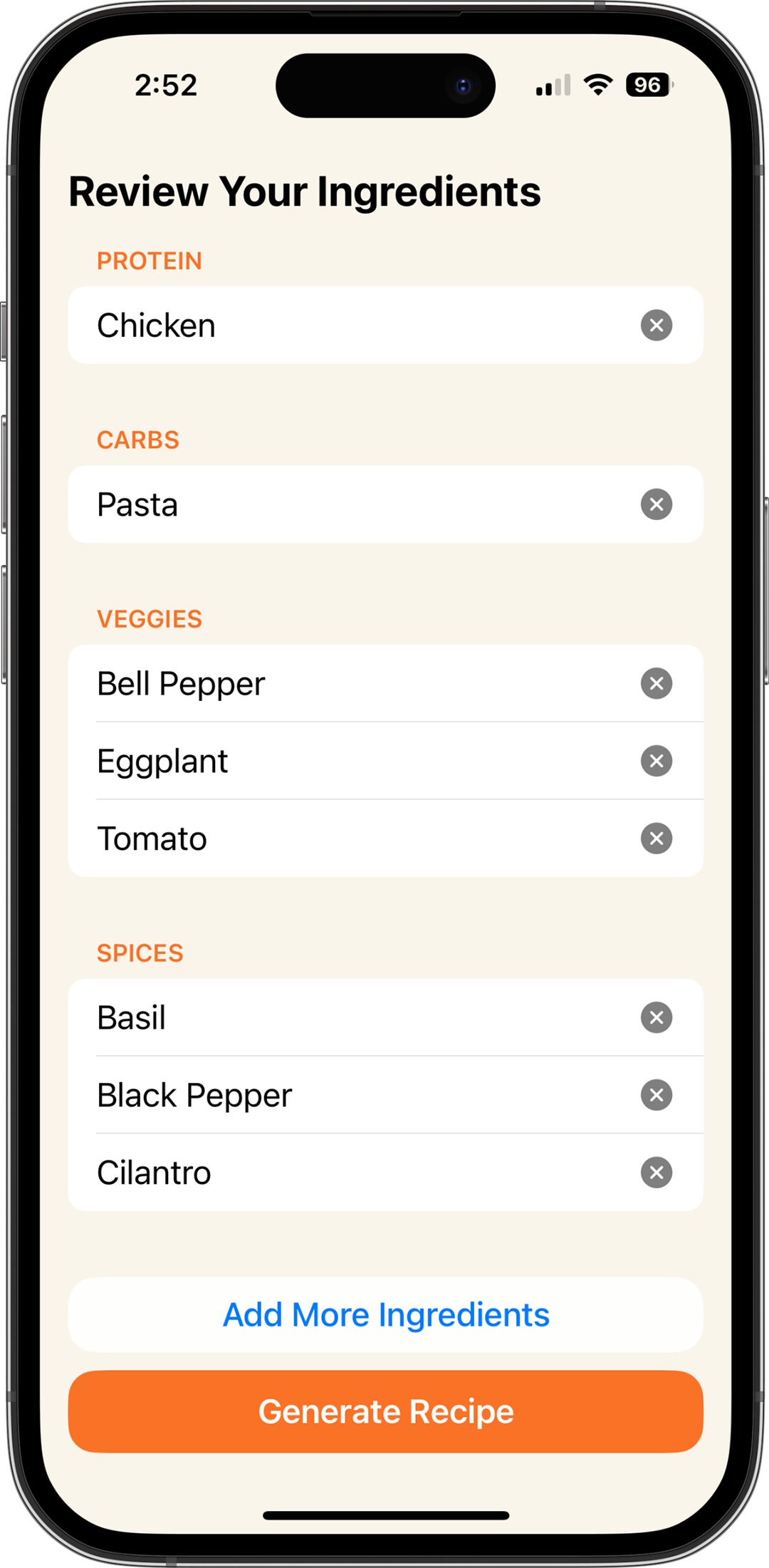 Review your ingredients screen