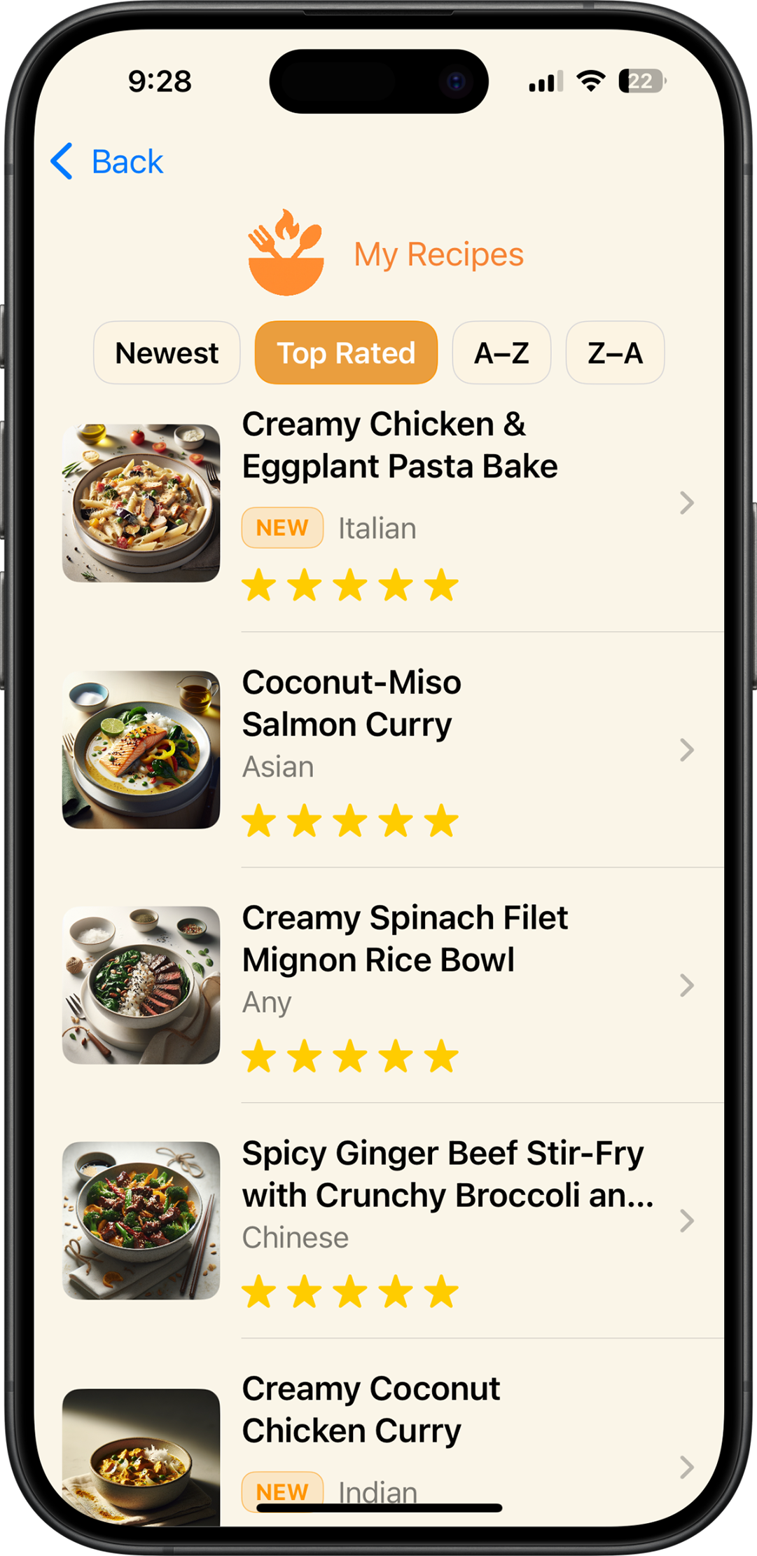 My recipes list screen